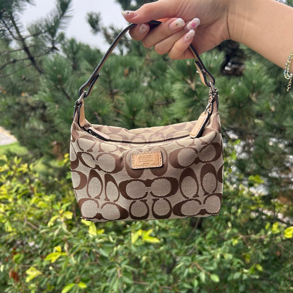 Vintage Coach signature hobo bag brown khaki jacquard & leather trim